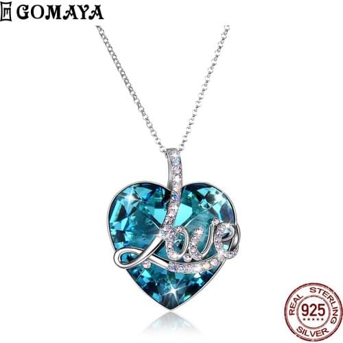 GOMAYA 925 Sterling Silver Love Heart Necklace Pendant Trendy Blue Crystal Long Chain Necklaces For Women Anniversary Gift Best
