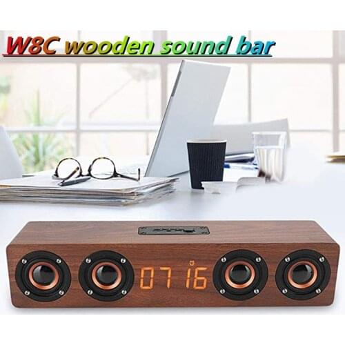 Wooden Wreless Bluetooth Speaker Home Theater Bar Sound Column Multifunctional Retro LED Alarm Clock Audio Portable Subwoofer