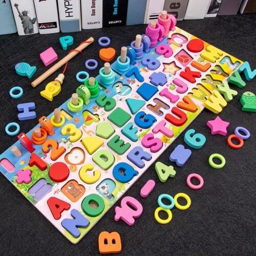 DIY Montessori Wooden Toys 5 In 1 Magnetic Fishing Board Count Numbers Shape Math Matching Game Early Education For Children