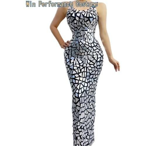 New Design Bright Full Mirrors Long Dress Sleeveless Evening Birthday Dresses Rhinestone Costume Prom Celebrate Grey Bling