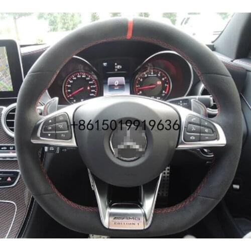 For Benz AMG C63S High Quality Hand-stitched Anti-Slip Black Suede Red Thread DIY Steering Wheel Cover