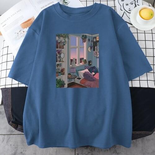 Cozy Room With Cat Print Women Tees 2021 New T-Shirt Hip Hop Street Style T-Shirts Harajuku Soft Womens Short Sleeves Summer