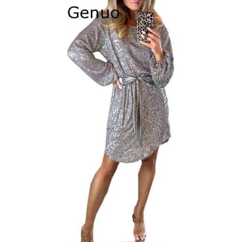 Genuo New Apricot Sequin Belted Mini Dress Round Collar Elegant Ladies Evening Club Party Dresses Women Long Sleeve Vestidos