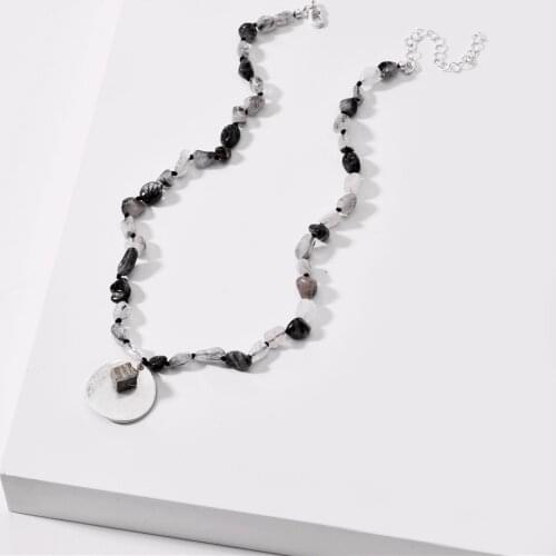 Summer Fancy Power Natural Stone Bead Strand Short Chunky Necklace Gold Color Disc Pendant Necklaces