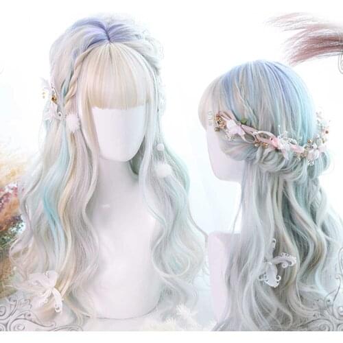 Cosplay Mix Lolita 60CM Aurora Mixed Color Long Wavy Synthetic Party Cosplay Wig With Bang +Wig Cap Heat Resistant