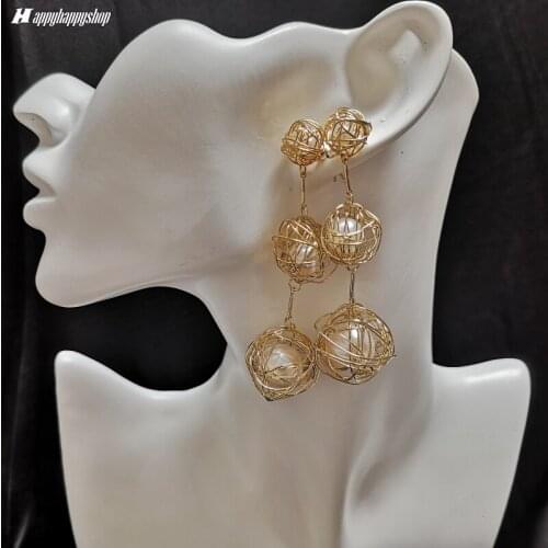 Fashion Geometric Metal Wire Woven Ball Earring for Women Pearl Long Earrings Ear Pendants Party Accessories Female Jewelry Gift