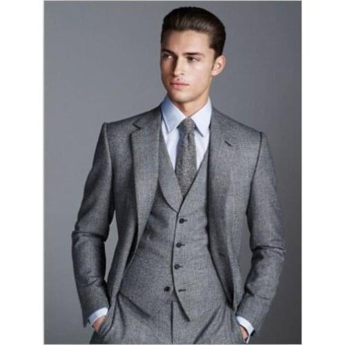 2017 Latest Coat Pant Design Smoking Grey Tweed Men Suit Slim Fit Skinny 3 Piece Tuxedo Custom Blazer Prom Suits Terno Masculino