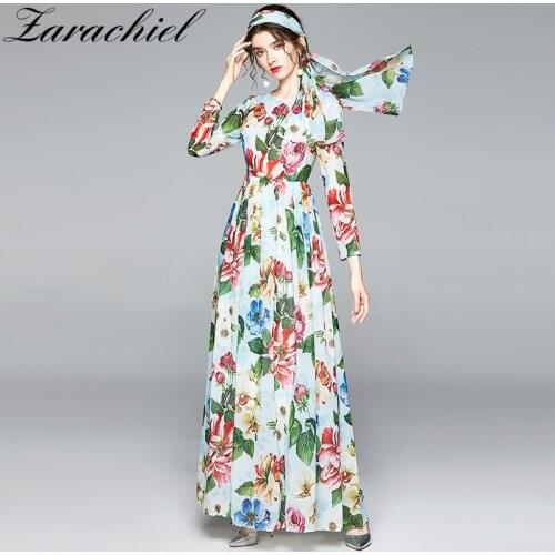 Autumn Flower Chiffon Dress Women Holidays Long Sleeve Vintage Draped Big Swing Belt Bow Floral Print Ladies Maxi Dress + Scarf