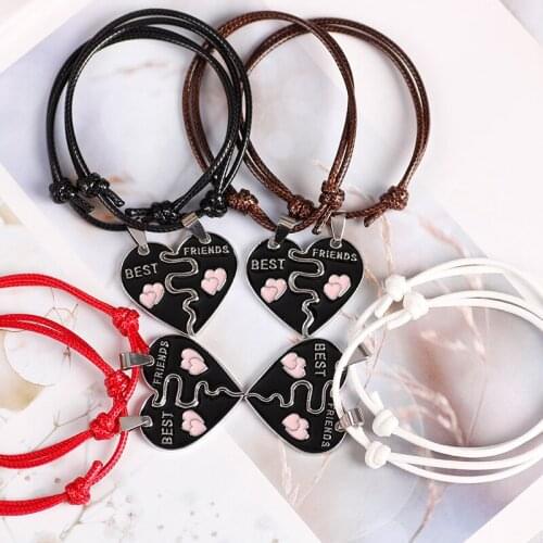 A Pair Of Japan And South Korea Fashion Alloy Pendant Best Friend Peach Heart Splicing Leather Cord Braided Couple Bracelet Gift