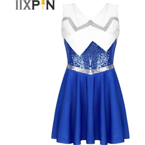 Women Ballet Dance Dress Cheerleader Costume Sleeveless Shiny Sequins Flared Short Dress Performance Dance Competition Clothes