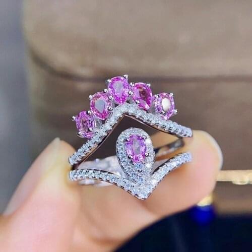 Luxurious crown water drop S925 silver natural pink sapphire gem ring natural gemstone ring woman girl weddings gift jewelry