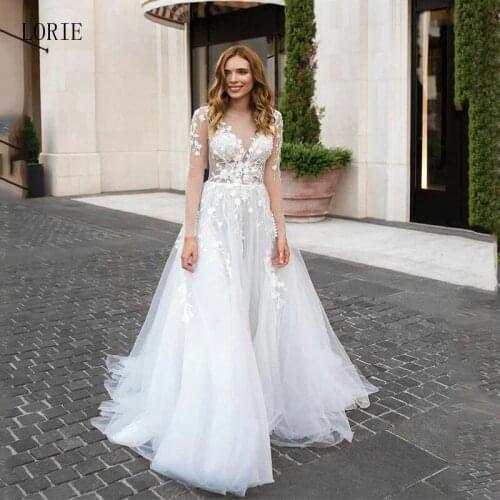 LORIE Boho Wedding Dress Long Sleeve Tulle White Vintage Lace Appliques Bride Dresses Vestido De Novia Custom Made
