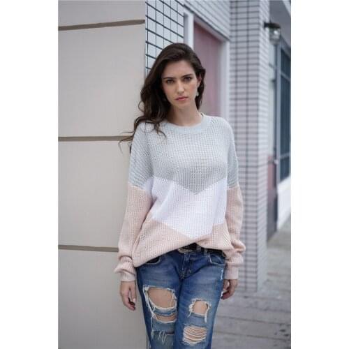 H80&S90 New Loose Knitted Sweater Women Jumpers Long Sleeve Ladies' Pullover Sweaters Casual Autumn Winter Color Block Striped