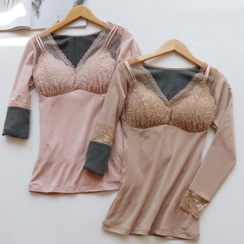 Women 2021 Autumn Winter Warm Tops Thermal Underwear Female Plus Velvet Lace Padded Shirt Lady Body Shape Lingerie Layers A404