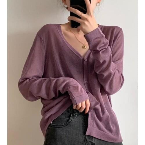 V Neck Thin Ice Silk Blouse Sunscreen Shirt Cardigan Women Korean Long Sleeve Cardigan Summer Cropped Cardigan Knitted