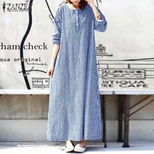 Vintage Check Maxi Dress Womens Autumn Sundress ZANZEA 2021 Casual Long Sleeve Vestidos Female O Neck Plaid Robe Plus Size 5XL