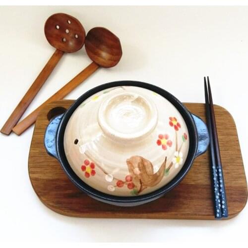 Japanese hand painted sakura single lithium porcelain small clay earthen pot cooking flat bottom casserole cooker rice 500ml