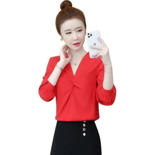 Autumn Fashion Shirt Long Sleeve Solid Color V-neck Chiffon Shirt Womens Tops and Blouses