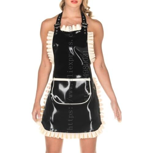 Womens black maid latex apron with white ruffles decorations and what is made of 0.4mm natural & flexible latex materials