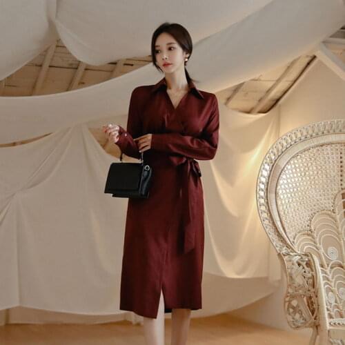 Fashion Solid Color V-neck Lace Up Women Dress Full Sleeve Office Ladies Belted Dress Autumn Spring Knee-length Female Vestidos