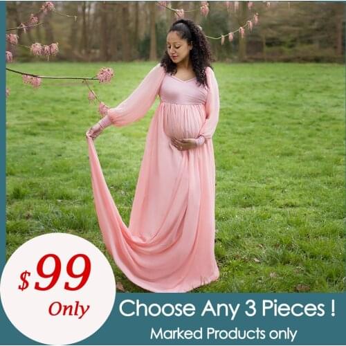 3pcs/lot Soft Chiffon Long Sleeves Maternity Dress Pregnancy Gown Baby Shower Dress for Maternity Photography Accessories