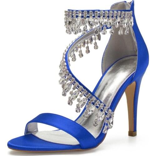 Satin evening dress sandals womens strappy shoes with tassel crystal wedding party prom nightclub lady shoes summer bridal shoe