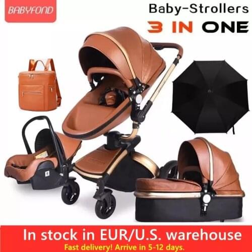 Brand Newborn Pram Babyfond 3 in 1 Luxury Baby Stroller PU Leather Two-way Push 360 Rotate Baby Car EU Safety Car Seat Trolley