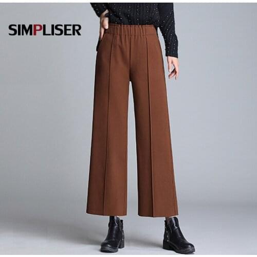 Elastic High Waist Women Wide Leg Pants 2019 Autumn Winter Female Large Size Trousers Ankle Length Black Caffee Casual Pants