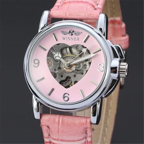 WINNER Female Women Wrist Watch Ladies Casual Clock Automatic Mechanical Watches Top Brand Luxury Heart Skeleton Clocks 088