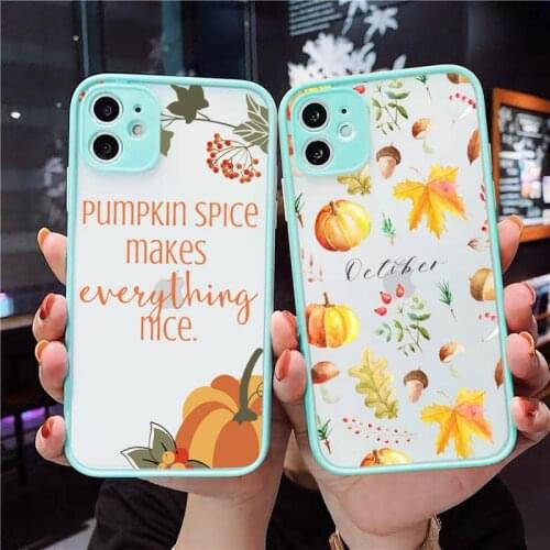 Pumpkin Happy Autumn Phone Case For iPhone 12 11 Mini Pro XR XS Max 7 8 Plus X Matte transparent blue Back Cover