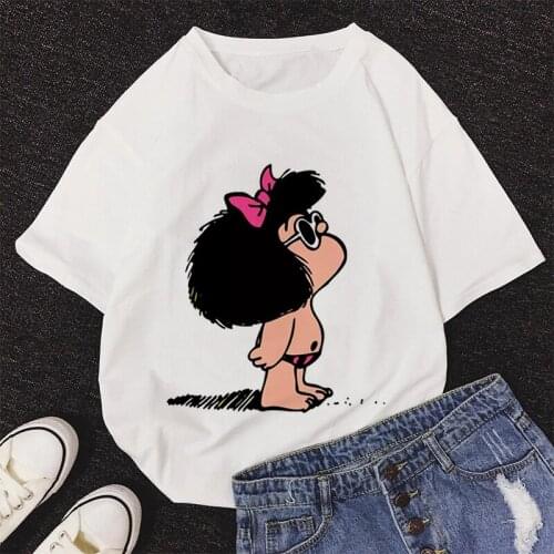 FIXSYS Women Harajuku Aesthetic White Tops Mafalda Cute Graphic Print T-shirt Kawaii Tshirt New Summer Fashion Female Tops