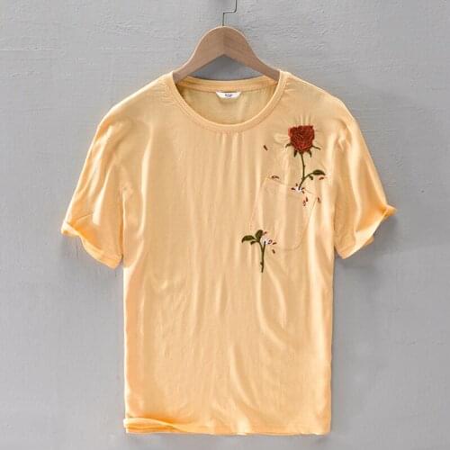 Summer new embroidered linen t-shirt men fashion yellow t shirt for men casual comfortable t shirts male o-neck camiseta