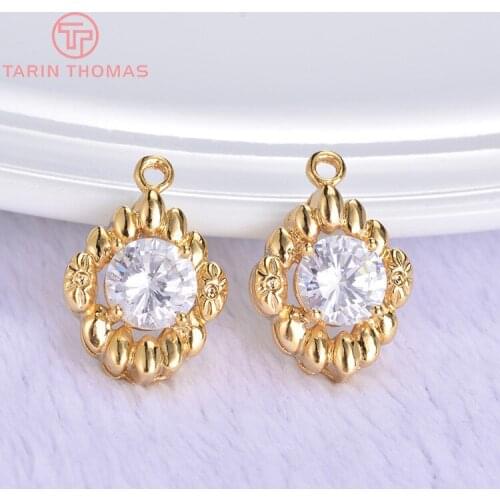 4PCS 12.5x18MM 24K Gold Color Plated Brass with Zircon Flower Pendants Charms High Quality DIY Jewelry Making Findings