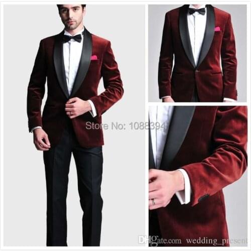 Best Selling Tuxedos For Men Tailor Made Men Wedding Suit Burgundy Velvet New Style One Button Groom Tuxedos Jacket+Pants+Bow