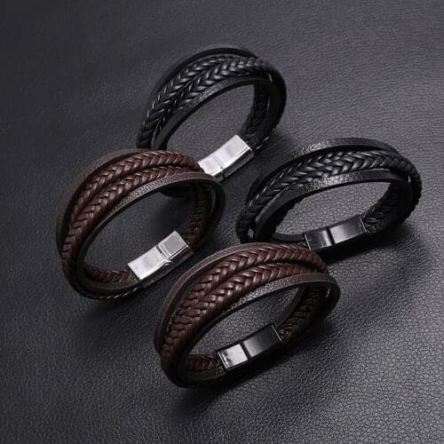 Trendy Genuine Leather Bracelets Men Stainless Steel Multilayer Braided Rope Bracelets for Male Female Bracelets Jewelry Christm
