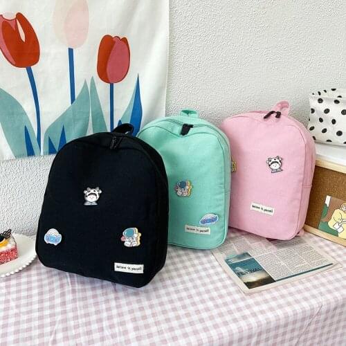 Fashion Women Canvas Solid Color Cartoon Badges Backpack Casual Large Rucksack Students Korean Style Fashion Retro Bagpack