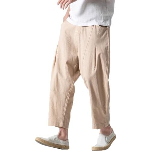 Mens Linen Harem Pants Men HipHop Drop Pants Men Joggers Male Pantalones Hombre retro Chinese Style Ankle-Length Pants