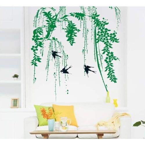 Swallow Willow Magpie Wall Stickers Living Room Background Wallpaper Poster Art Removable PVC Wall Applique Green Leaves Birds