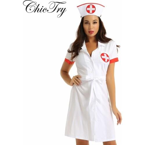 3Pcs Women Ladies Adults Nurse Fancy Dress Costume Outfit Lapel Collar Short Sleeve Button Down Uniform Dress with Belt and Hat