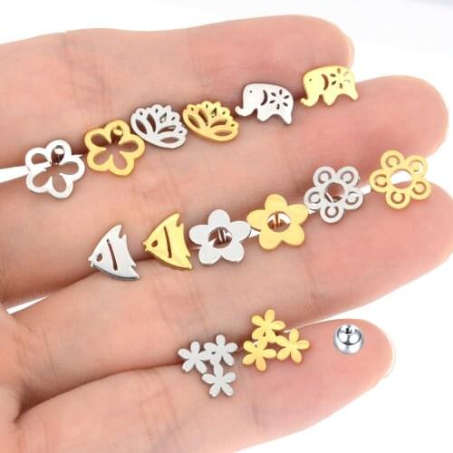 2Pc Flower Elephant Fish Daisy Helix Conch Piercing Stud Earrings Surgical Steel Barbell Ball Tragus Cartilage Piercing Jewelry
