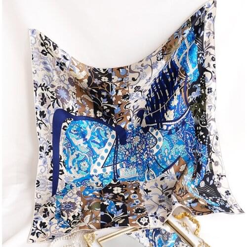 Horse & Floarl Print 100% Silk Scarf Wraps Shawl Women Square Head Scarves for Hair Wrapping