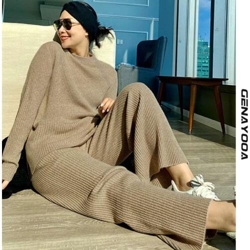 Genayooa Knitted Tracksuit Women High Waist Knit Wide Leg Pants Women Suit 2 Piece Set Women Autumn Winter 2021 Two Piece Set