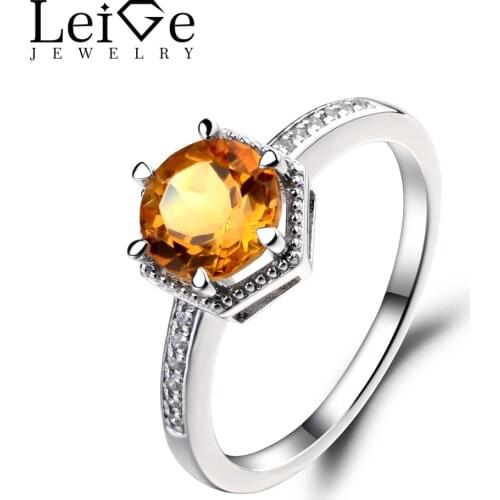 Leige Jewelry Natural Citrin Ring Round Cut Wedding Engagement Rings for Women Sterling Silver 925 Yellow Crystal Fine Jewelry