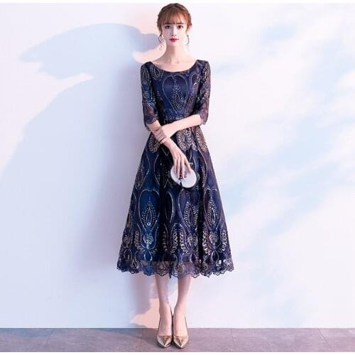 Sequins Evening Gowns Navy Blue Long Formal Party Dresses Half Sleeve O-Neck Women Elegant Evening Dresses