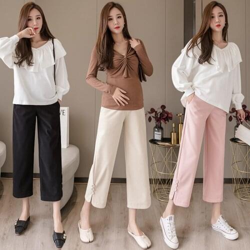 095# Maternity Pants Spring Autumn Adjustable Elastic Waist Belly Support Pants Maternity Wide-Leg Trousers