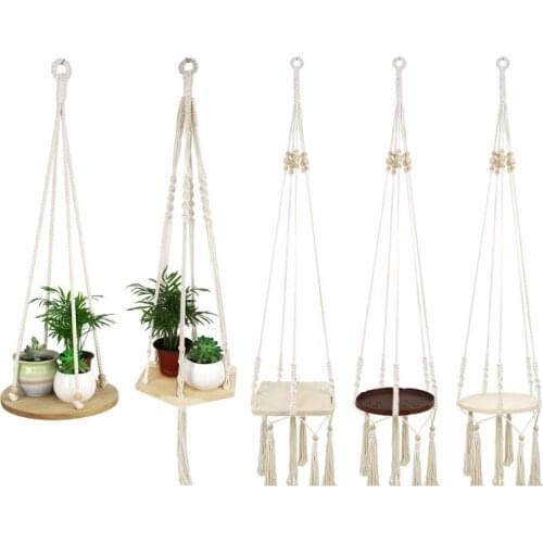 68UC Macrame Plant Hangers with Plate Tray Tassels Wooden Beads Hanging Planter Shelf Boho Flower Pot Holder Stand Rack Home