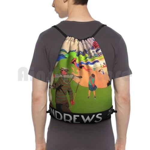 Vintage Travel Poster-St Andrews , The Home Of Golf Backpack Drawstring Bags Gym Bag Waterproof St Andrews Scotland