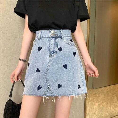 2021 New Sexy Women Denim Mini Skirt Fashion Summer High Waist Blue Jeans Skirts Love Print Package Hip A-Line Jean Skirt Femme
