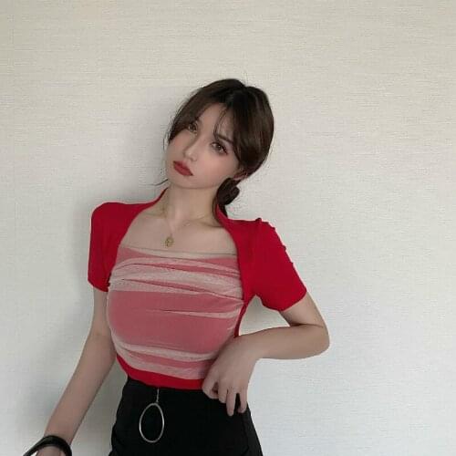 Summer Net yarn Splicing Women Short Sleeve T-shirt Short Korean Female Sexy Tshirt Tops