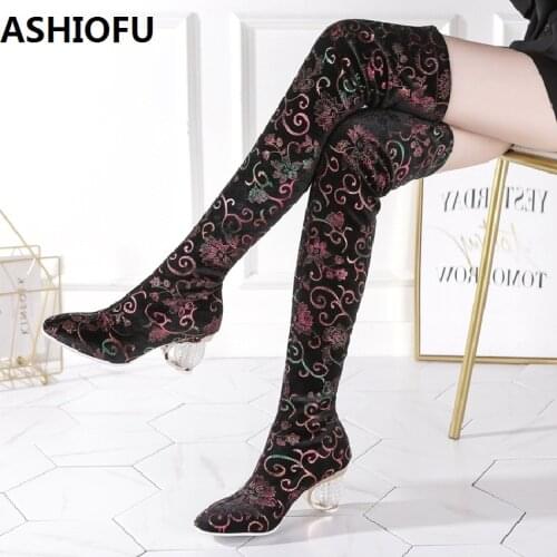 ASHIOFU Handmade Womens Over Knee Boots Mid-heel Sexy Club Party Prom Long Boots Winter Fashion Evening Boots Shoes